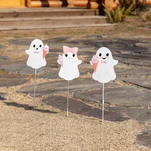 Glitzhome Halloween Metal Yard Stakes Set of 3 – 23.75" H Pink Ghosts Holding Ice Cream Cones, Cute Outdoor Halloween Decorations, Glossy Iron Garden Stakes for Lawn, Walkway, Party,Fall Decor