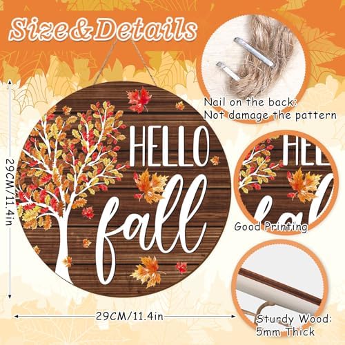 Whaline Hello Fall Wooden Hanging Sign Maple Tree Front Door Sign Autumn Thanksgiving Welcome Signs for Harvest Indoor Outdoor Home Porch Wall Decor