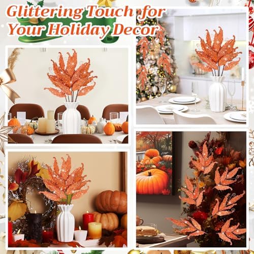 HyDren 10 Pcs Christmas Glitter Leaves Ornaments, Orange