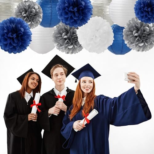 Navy-Blue Silver Party-Decorations Paper-Flowers Lanterns - 15PCS Birthday Royal White Wedding Tissue Pom Poms Streamers,Baby Bridal Shower Bachelorette Graduation Hanging Supplies Decor Hugfond