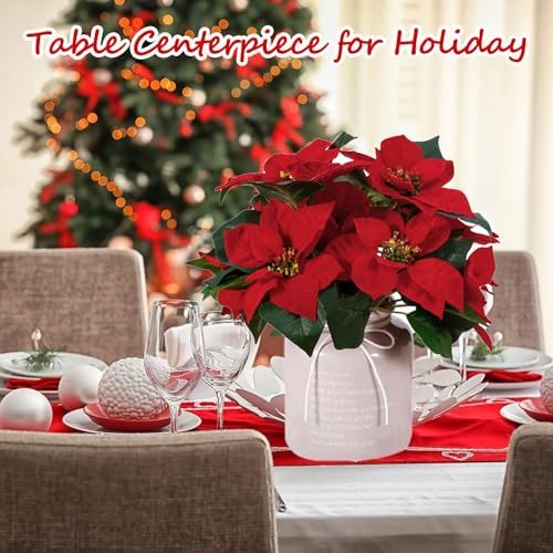 18'' Poinsettias Flowers Artificial Christmas Flowers 5 Packs Silk Red Poinsettia 7 Heads Fake Floral Bouquet with Stem for Indoor Outdoor Christmas Decoration