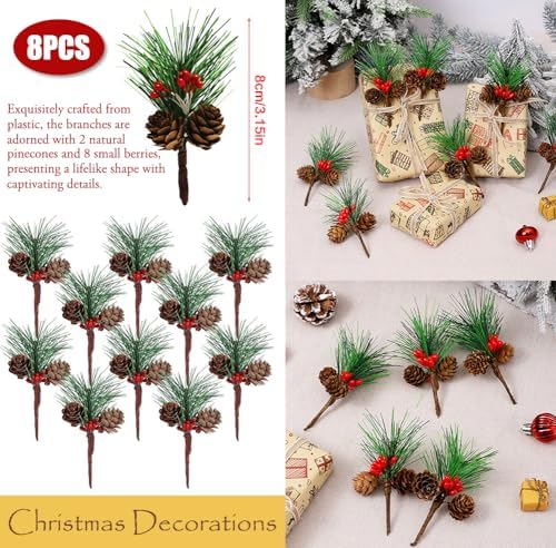 AKOAK 8 Pcs Mini Christmas Tree Picks, Artificial Pine Flower Branches with Berries for Holiday Decor, Gift Box Bouquet Wedding Party Home Decoration