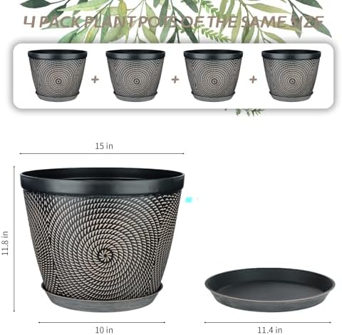 Quarut 15 Inch 4 Pack Large Pots, for Plants,Plastic Flower Pot for Indoor