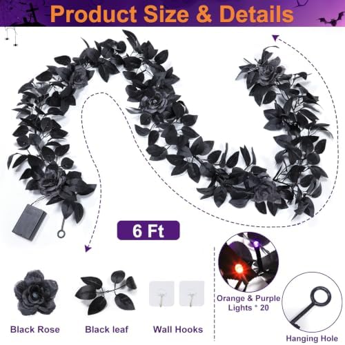 Timer - 6 Ft Halloween Garland with Lights and Black Roses Halloween Decor