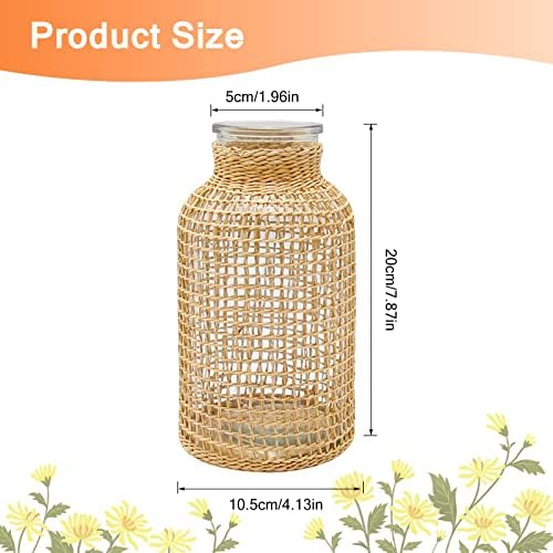 MDEOOSKY Straw Woven Glass Vase 7.87''x1.96''x4.13''Boho Glass Flower Vase Country Rustic Style Vase Glass Vase for Floral Arrangements Bottle Height (B Style 7.87IN)