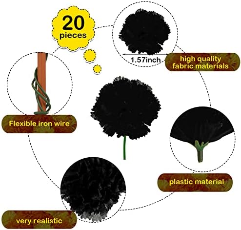 Waydress 20 Pcs Artificial Marigold Flowers Halloween,Black