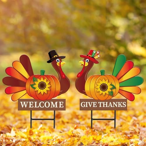 JarThenaAMCS 2 Pack Thanksgiving Fall Metal Garden Stakes Decorations Turkey Pumpkin Welcome Yard Sign for Autumn Harvest Outdoor Lawn Patio Walkway