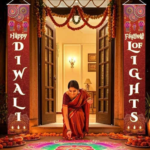 Diwali Porch Banner Sign Happy Diwali Door Decorations Indian Festival of Lights Hanging Banner for Indoor Outdoor, 12 X 71 Inch
