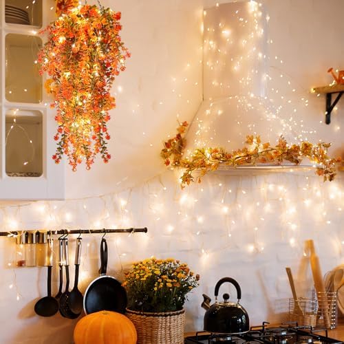 RECUTMS Fall Decor Artificial Flowers Faux Hanging Plants with Lights 3Pcs