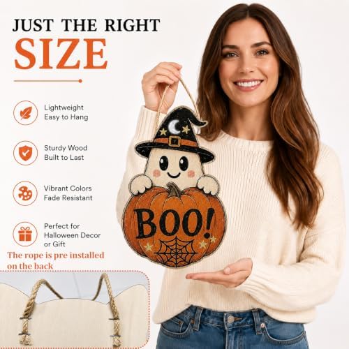 Halloween Decoration Door Sign Wooden Witch Hat Ghost Boo Pumpkin Hanging