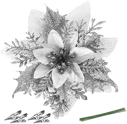 FurRain Christmas Poinsettia Artificial Flowers Decorations 5.5" Christmas Tree Wreaths Garland Decoration 12 Pcs Glitter Flowers Picks Decor for Xmas New Year Wedding Party Ornaments (Silver)