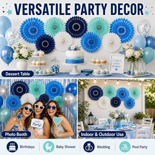Blue White Hanging Honeycomb Round Paper Fans Decoration Kit for Baby Boy Shower Birthday Navy Ocean Wedding Under The Sea Theme Photo Booth Backdrops Paper Party Supplies 11 Count