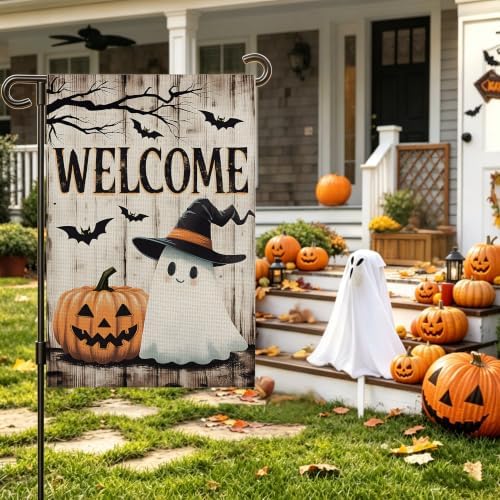Halloween Decorations Outdoor Garden Flag 12x18 Inch for Outside Double Sided Halloween Welcome Yard Flag Ghost Pumpkin Banner for Holiday Home Decor