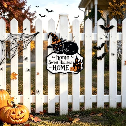 Halloween Decoration Wreath for Front Door Wooden Black Cat Door Decor