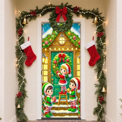 Elf Trio A-Frame Cabin Snowy Christmas Door Cover 35x71in