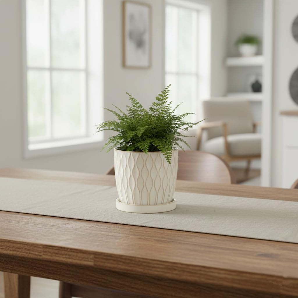 Nihow Ceramic Plant Pots with Drainage Hole & Saucer, 4.75 Inch, White-3 | Small,Embossed Design, For Succulent