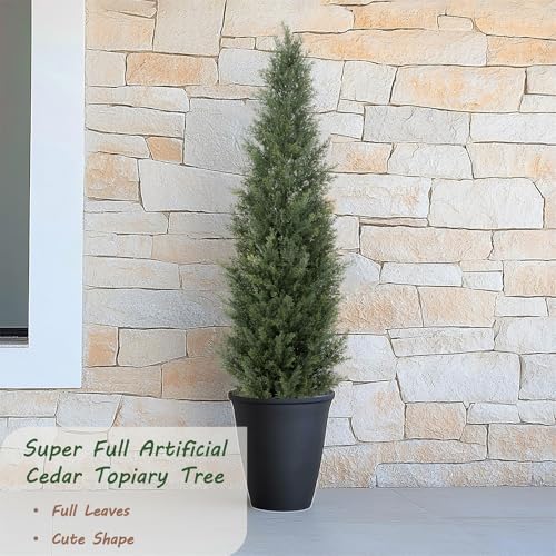 Bellacat 4ft UV Resistant Artificial Topiary Trees Outdoor, 48in Faux Cedar Tree with Full & Realistic Leaves, Fake Cypress Tree for Front Door Proch Patio Deck Balcony Yard Decor 2Pack
