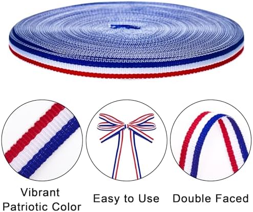 KINGLAKE Red White and Blue Striped Ribbon - 3/8 Inch x 55 Yards