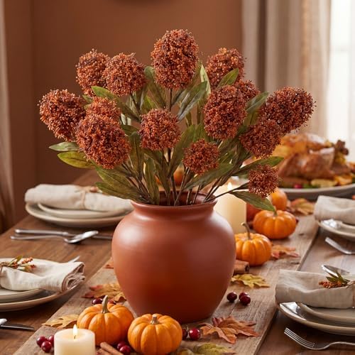 Briful 3PCS Faux Fall Flowers 22.8in Burnt Orange Skimmia Spray Artificial Flower Branches Fake Fall Skimmia Stems for Autumn Home Vase Floral Arrangement Wedding Party Decor