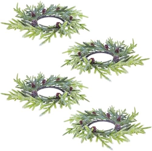 Winlyn 4 Pcs Artificial Frosted Twig Candle Rings Christmas Candle Holder Rings Wreaths Faux Twigs Wreath Glitter Mini Pinecones 10" Wide for Holiday Winter Seasonal Décor