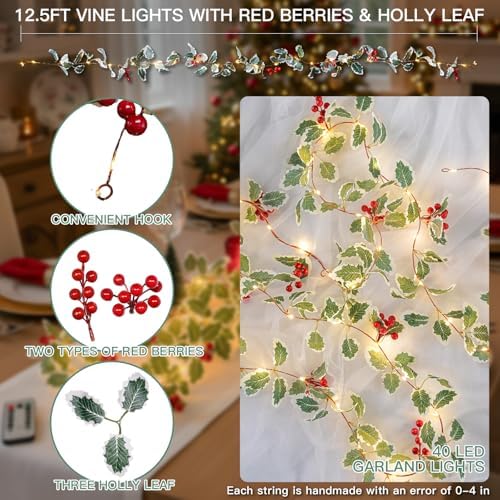 suddus String Light with Red Berries&Holly Leaf Battery Powered Copper Wire