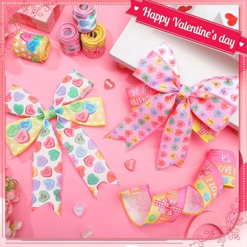 6 Rolls 30 Yards Valentine's Day Ribbons Conversation Heart Wired Wrapping Crafts Valentine Edge Ribbon Wreath Decorations for Gift Wrap DIY Crafts Wedding Birthday Party Decoration