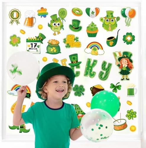 Whaline 9 Sheets St. Patrick's Day Cartoon Window Cling Stickers Cute Lucky Clover Green Shamrock Gnome Reusable Window Decals for Irish Party Home Classroom Decoration