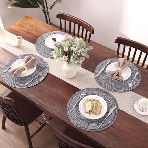 SHACOS Round Braided Placemats Set of 8 Round Table Mats for Dining Tables Non Slip Washable (Black Gray, 8)