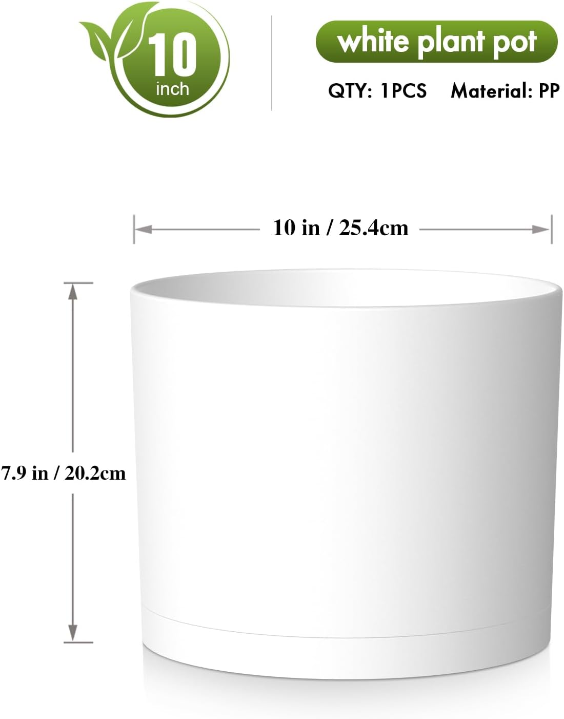 10 Inch Round Plastic Plant Pot with Drainage Holes and Saucer, Wide Flower Pots for Indoor & Outdoor Plants– 7.9" Tall