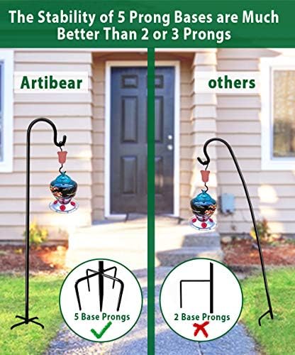 Adjustable Outdoor Shepherd Hook Stand with 5 Prong Base, 108 Inches Tall 3/5 in Thick, Shiny Black (1 Packs)