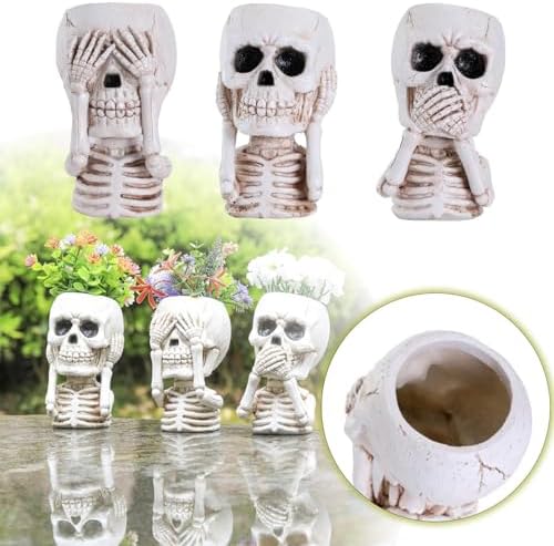 JOYO Halloween Planter Pot Decor - Skeleton Flower Planter Pot,Pumpkin Bucket Vase,Cute Skull Bucket Vase,Skull Candy Bowl Gothic Ornaments for Home Indoor Outdoor Garden (01 Cute Skull)