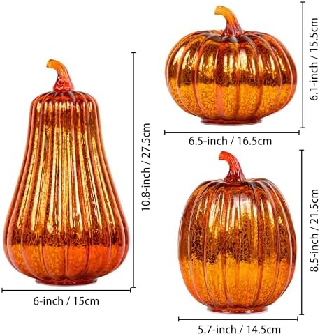 KI Store Glass Pumpkin with Lights and Timer Set of 3 10.8-Inch 8.5-Inch 6.5-Inch Lighted Mercury Glass Pumpkins for Fall Halloween Thanksgiving Decorations Battery Operated