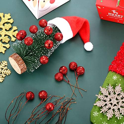 BBTO Artificial Holly Berries, 100 Pieces Mini 10 mm Fake Berries Decor on Wire for Christmas Tree Decorations Flower Wreath DIY Craft Use (Sequined Red)