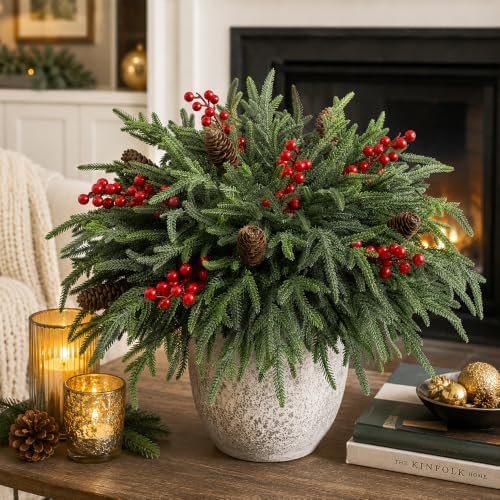 JOICEE 24Pcs Real Touch Norfolk Pine Branches with Pinecones Red Berries