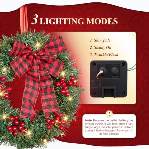 VINGLI 14 Inch Solar Christmas Wreath 3 Pack with 60 LED Lights, Red Bow