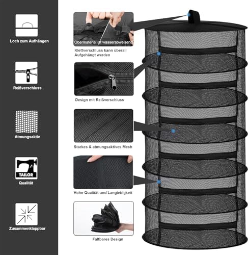 Desy & Feeci Drying Net Herbs 6-Layer Hanging Herbs Drying Rack Drying Net with Zippers, Black, 23.6 x 47.2 in (60 x 120 cm)