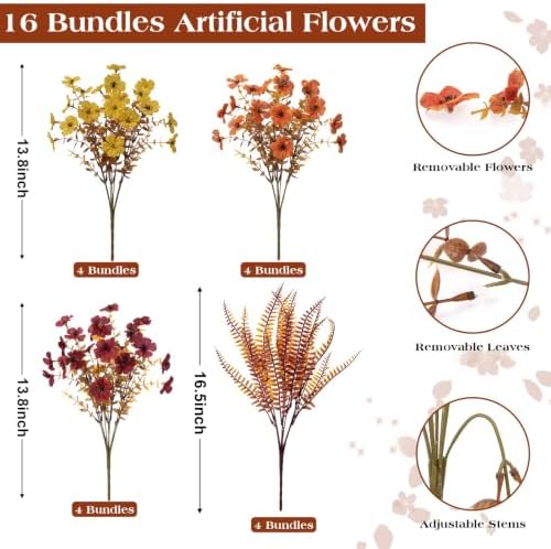 Bassion Artificial Fall Mums for Outdoors Decor, 16 Pcs Fake Fall Flowers