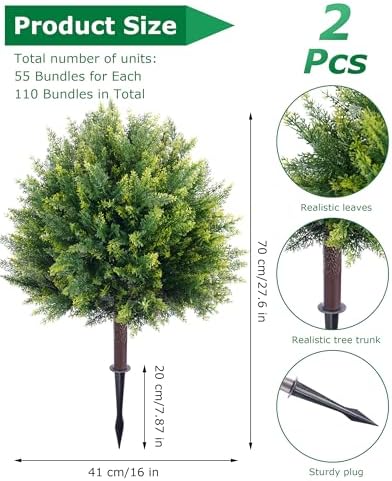 27.6'' Artificial Cedar Topiary Trees with Spikes, Set of 2 Fake Pine Shrubs Bushes Plants UV Resistant Evergreen Faux Cypress Tree for Planter Front Porch Outdoor Spring Decor Pot Fillers