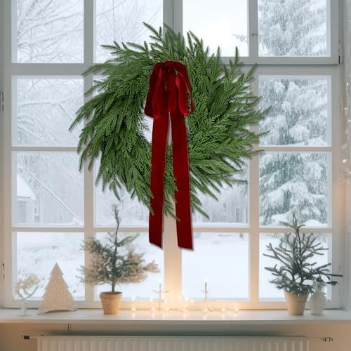 ENVEN Artificial Norfolk Pine & Cedar Christmas Wreath with Velvet Bow – Real Touch Faux Greenery Holiday Front Door Decoration for Indoor Outdoor Use