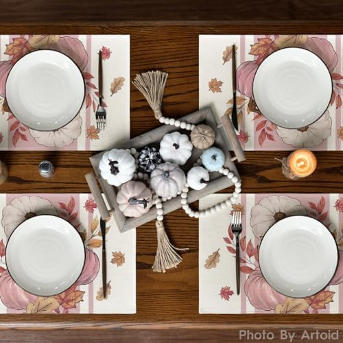 Artoid Mode Pink Pumpkin Maple Leaf Fall Placemats Set of 4-12 x 18 Inch