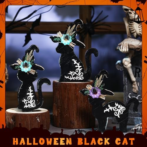 Redbaker 3 Pcs Halloween Wooden Decorations Indoor Black Cat Table Decor