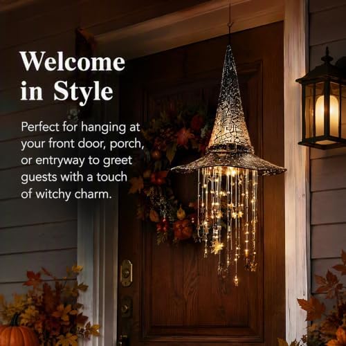 Lighted Witch Hat Hanging Chime, Spooky Witch Hat Lamp with Cascading Stars