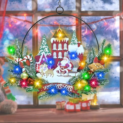 Pre-Lit Christmas Wreath for Front Door, Lighted Witch with 6H On/18H Off
