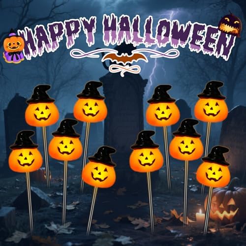 BRIGHTDECK Halloween Pumpkin Stake Lights, Set of 10 Solar Pumpkin Lights, Waterproof Halloween Decorations for Outdoor Garden and Yard (Hat Pumpkin)