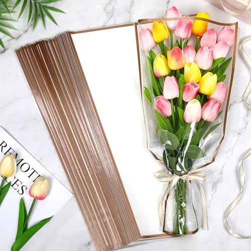 Jansun 40Pcs White Flower Bouquet Sleeves & Ribbon Set