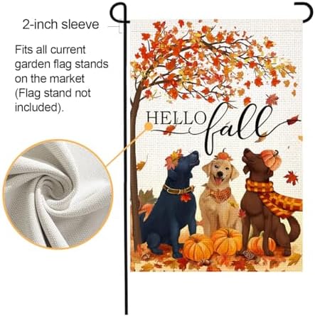 LosFong Hello Fall Dogs Garden Flag 12x18 Inch Double Sided Burlap Autumn Maple Leaves Pumpkin Farmhouse Small Yard Flag for Outside Decoration (Fall)
