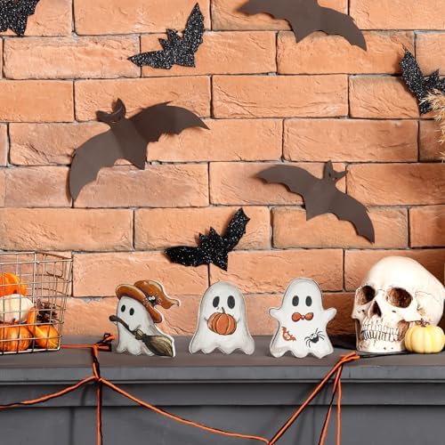 Smile 3 Pcs Wooden Blocks Signs, Happy Halloween Ghost Indoor Decor