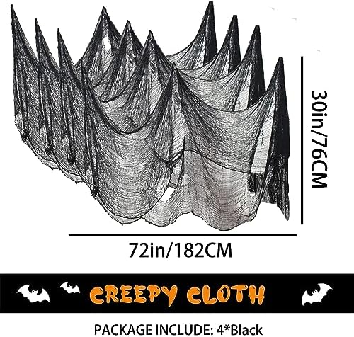 4 Pack Halloween Creepy Cloths, Scary Spooky Cloth Creepy Gauze, 30 x 72inch Freaky Loose Weave Creepy Cloth, Decorations for Haunted Houses Props Halloween Wall Outdoor Indoor Decor (Black)