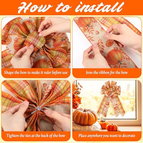 Suncalla 4 Pack Large Thanksgiving Wreath Bows Pre Tied Fall 21x11 Inch Wired Ribbon Decorative Autumn Tree Topper Bow for Front Door Indoor Outdoor Harvest Decorations(4 Pack)