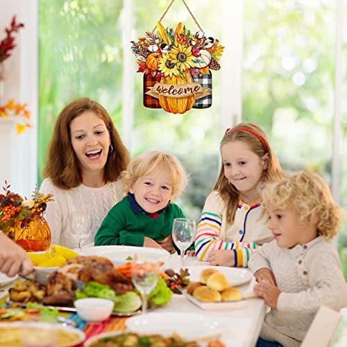 Capoda Fall Floral Welcome Sign Thanksgiving Wooden Hanging Door Sign Autumn Pumpkin Harvest Hanger Fall Welcome Decoration for Farmhouse Home Yard Seasonal Holiday Outdoor Decor,12nch(Plaid Style)